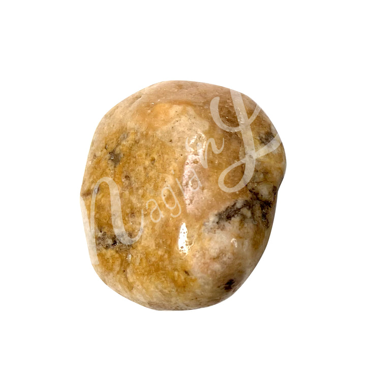 Polished tumbled stone with shades of beige and orange, showing natural patterns and a glossy surface.