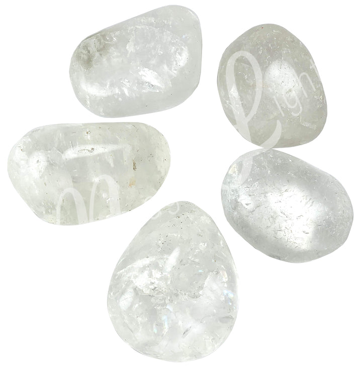 Set of five polished pebbles made of 
Crystal Quartz in varying shades of  white and some transparent specks, each displaying unique patterns, arranged in a circular layout.