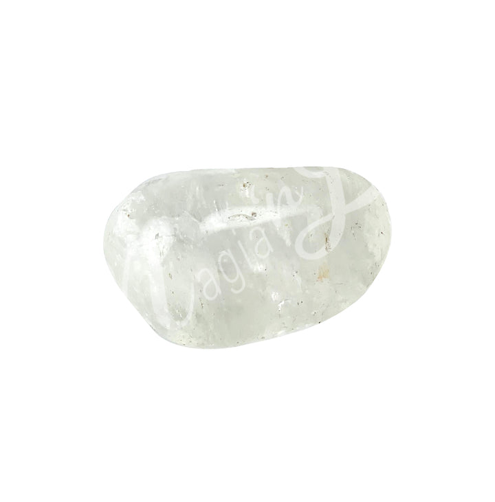 Close-up of a polished pebble made of Crystal Quartz with white and transparent parts.