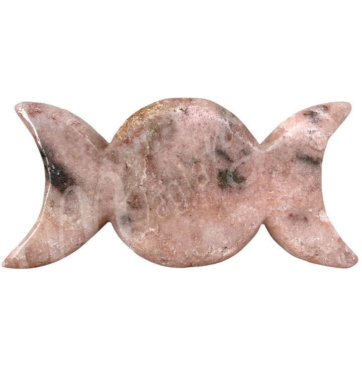 Polished pink amethyst crystal plate shaped like a Triple Moon.