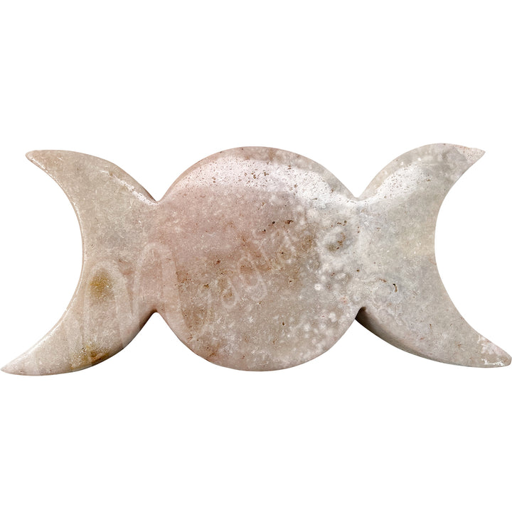 Polished pink amethyst crystal plate shaped like a Triple Moon, seen from a different color shade.