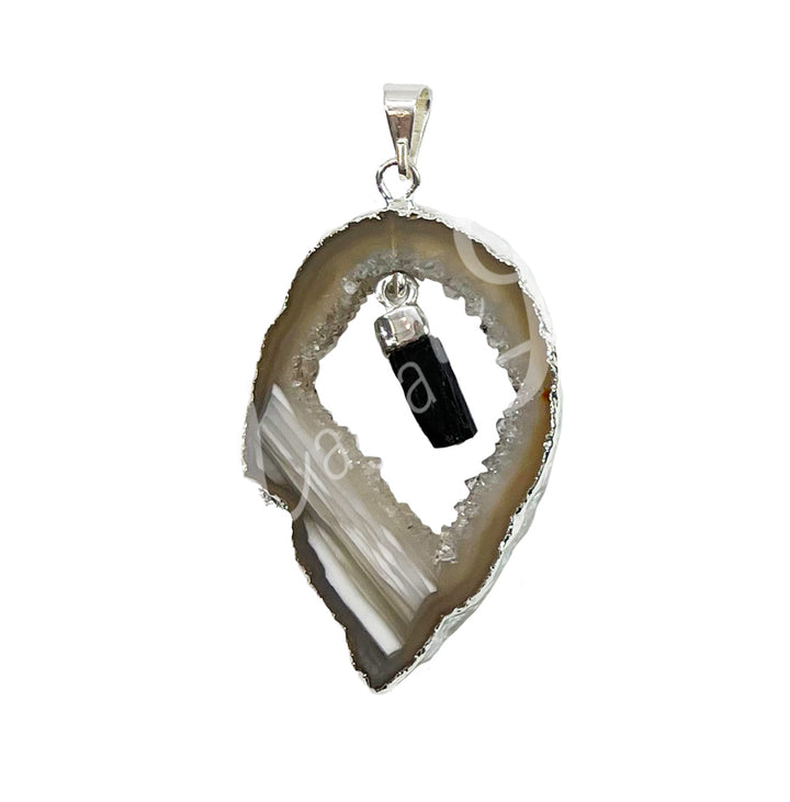 Colgante Rebanada de Ágata con Punta Colgante de Turmalina Negra 1,5-2,5″