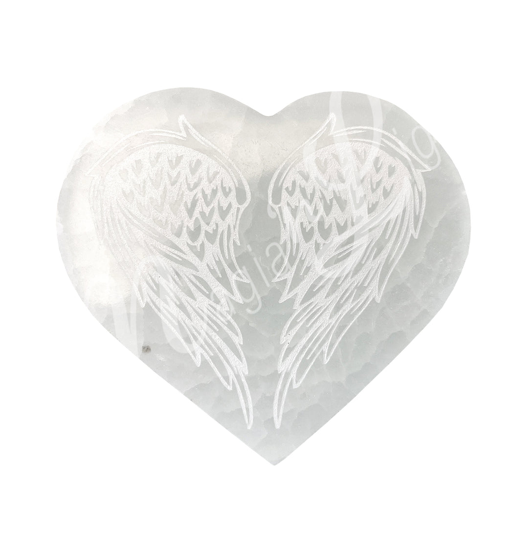 An heart-shaped Selenite crystal engraved with angel wings.