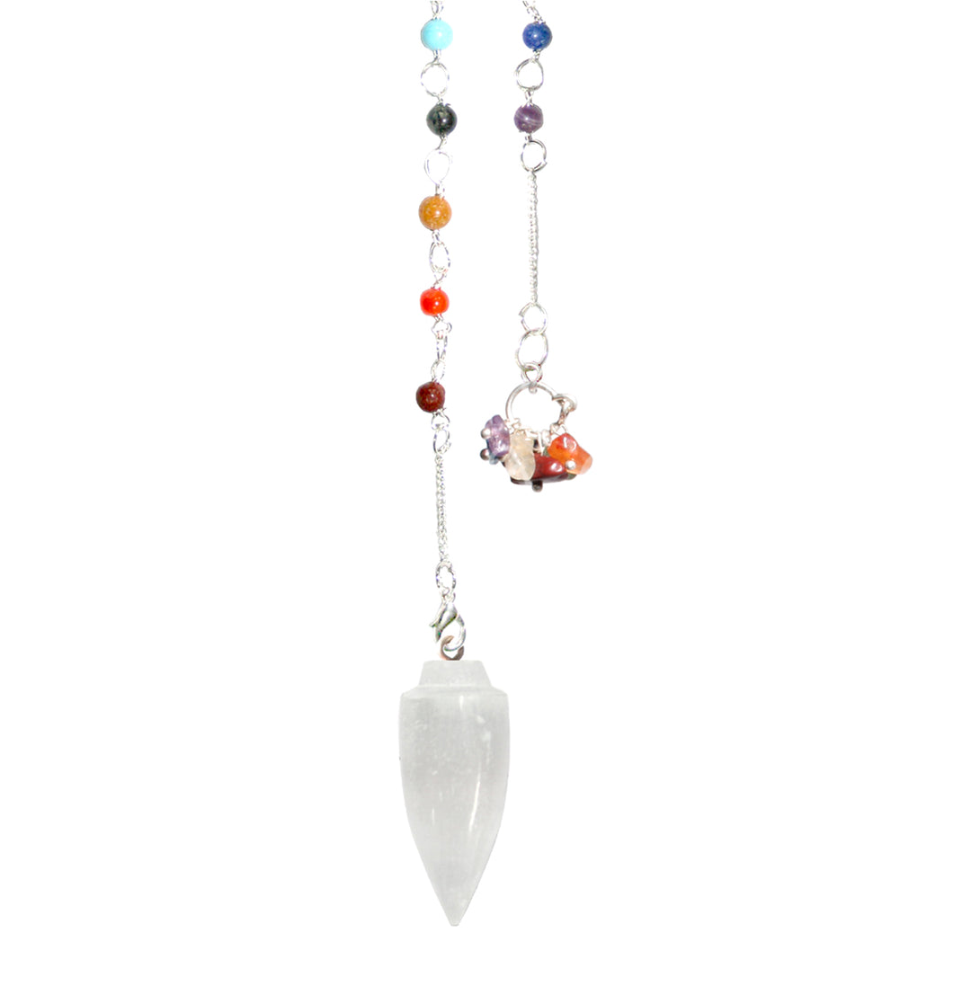 Pendulum Selenite Point with Chakra Chain 10″L