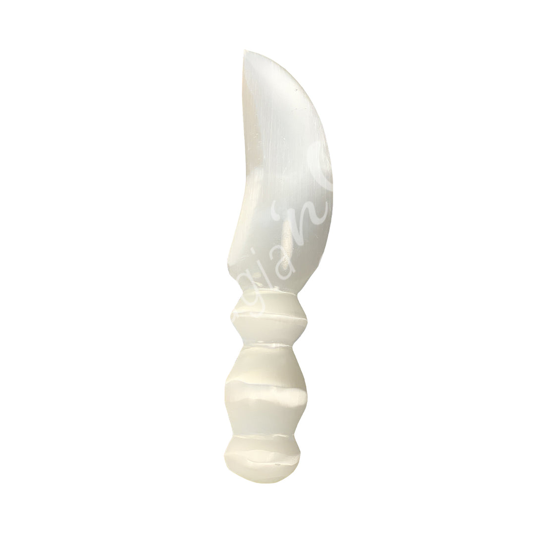 Athame made from Selenite with a curved blade.