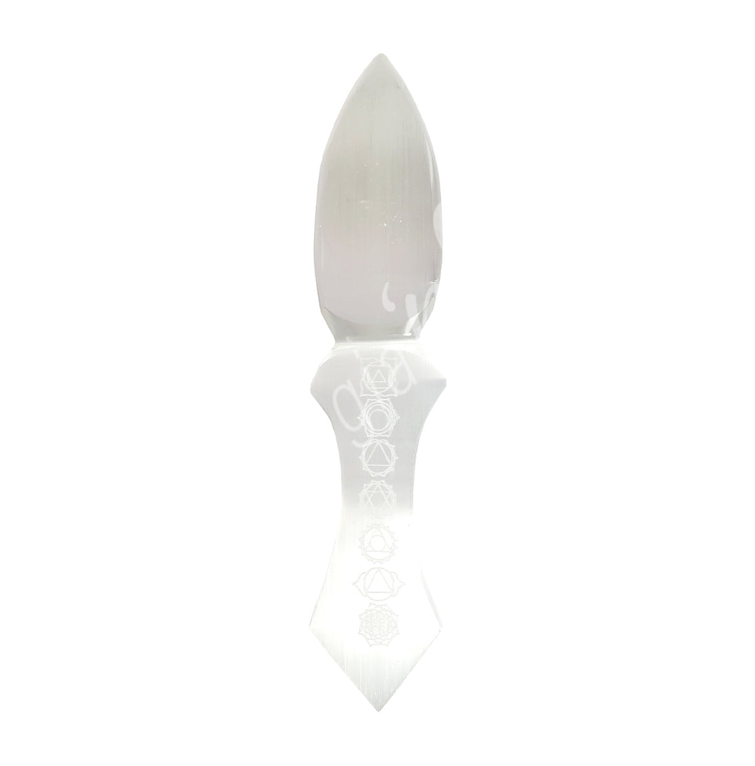 Athame Selenita con Símbolos de Chakra 8"