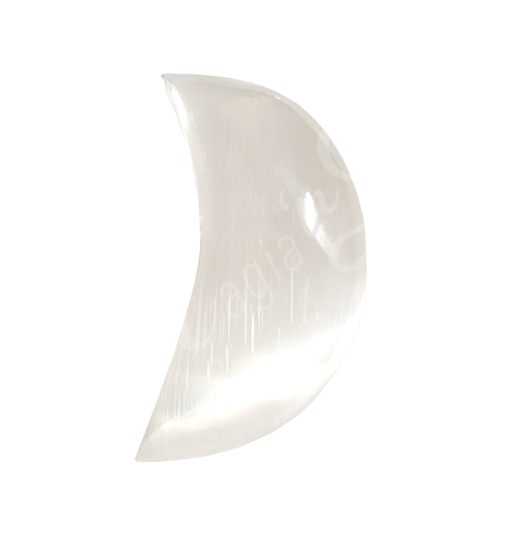 A moon-shaped Selenite puffed crystal.