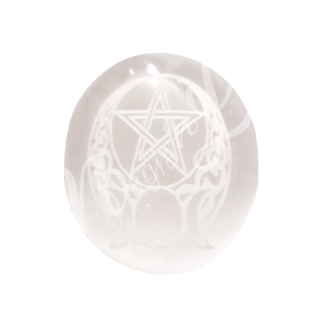 This polished Selenite palm stone features an engraved pentacle, encircled by an oval design, with a triple moon symbol placed at the bottom.