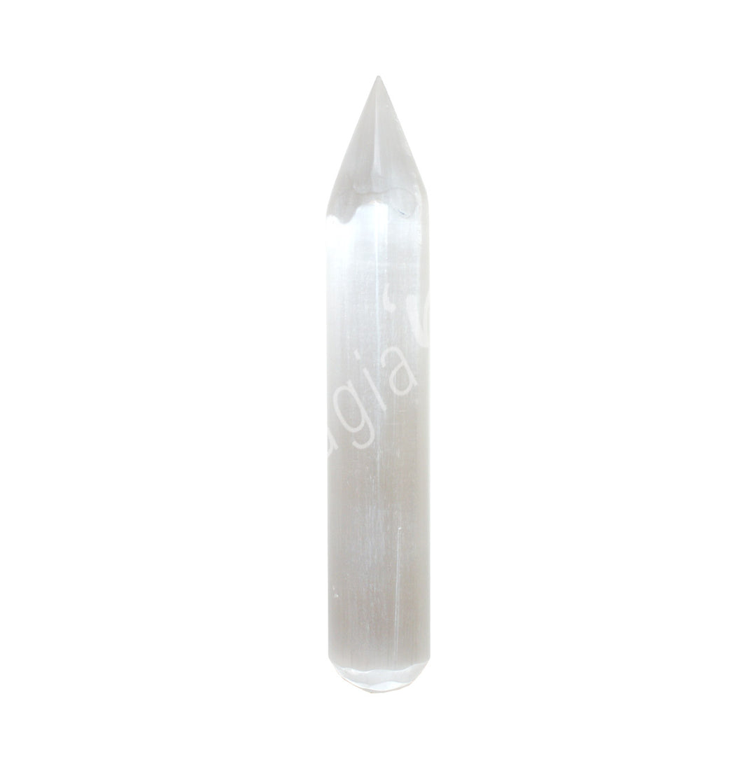 Polished selenite crystal massager with a pointed tip, ideal for energy healing, massage, or crystal therapy.