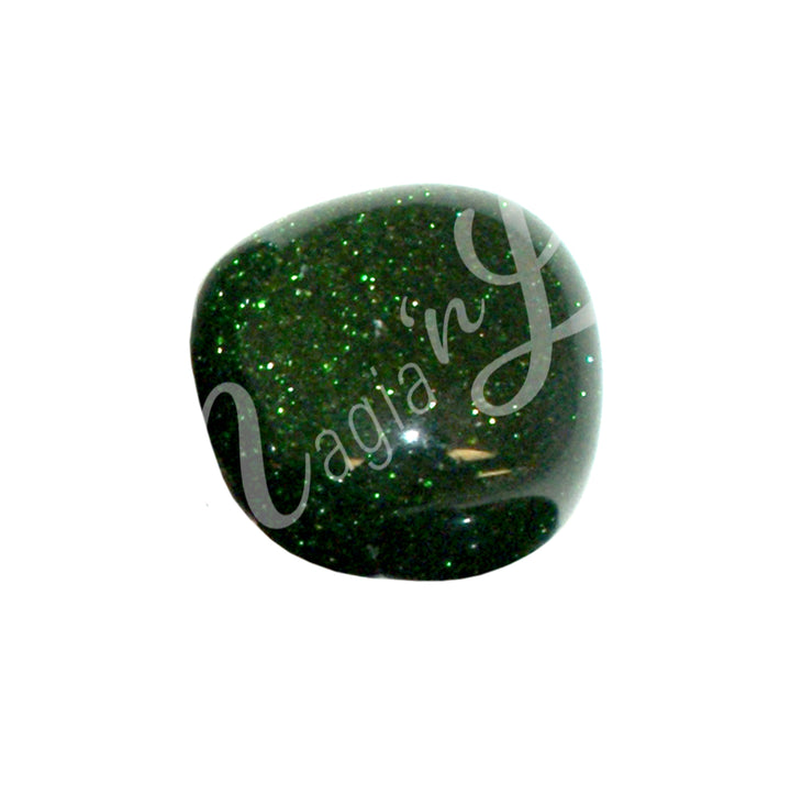 A green polished tumbled stones with light greeen specks on a glossy surface.