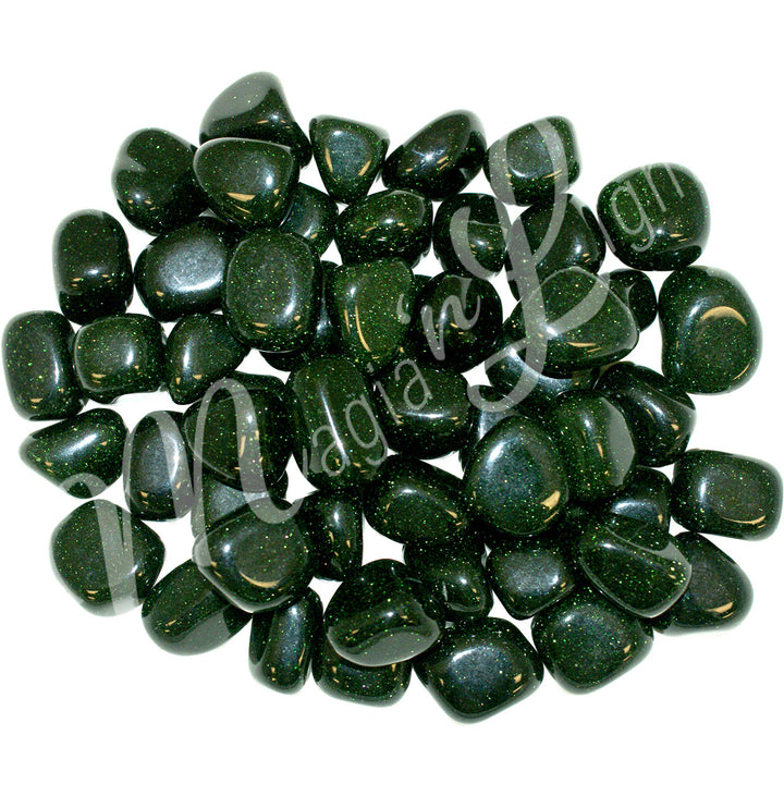 Collection of polished tumbled stones in shades of dark greenand gold, with green sparkles, arranged together in a circular pile.