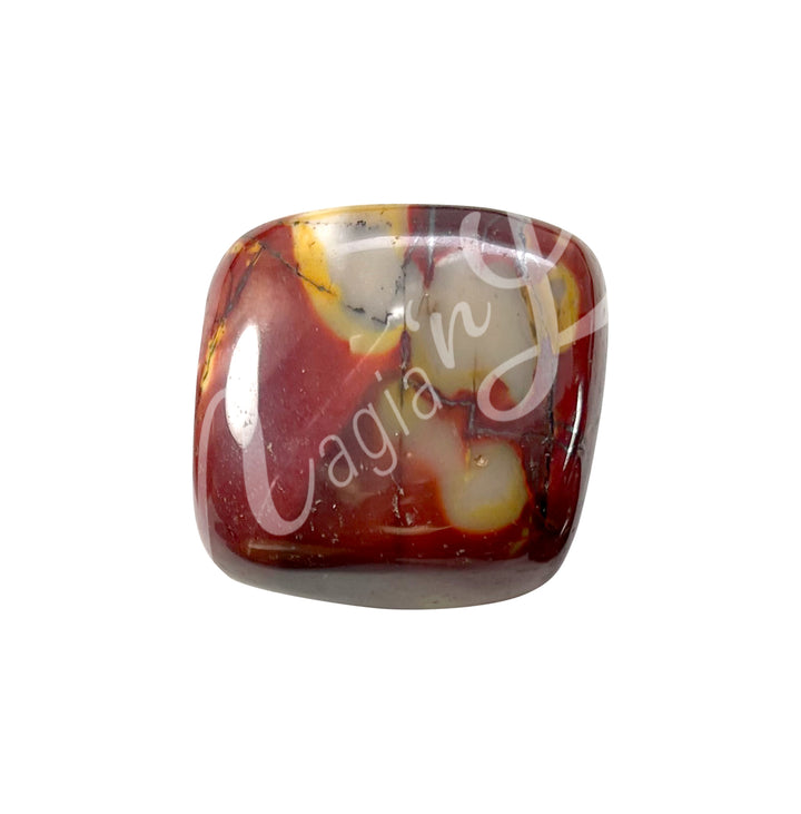 Polished tumbled stone with bands of yellow and cream, and shades of red, showing natural patterns and a glossy surface.