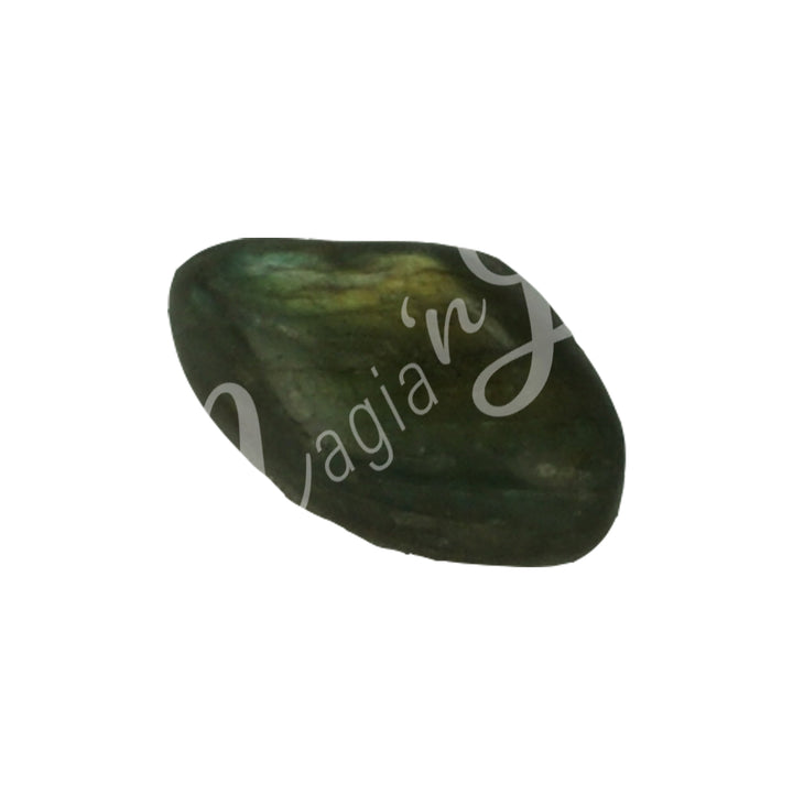 Polished tumbled stone with shades of gray, brown and black, showing natural patterns and a glossy surface.
