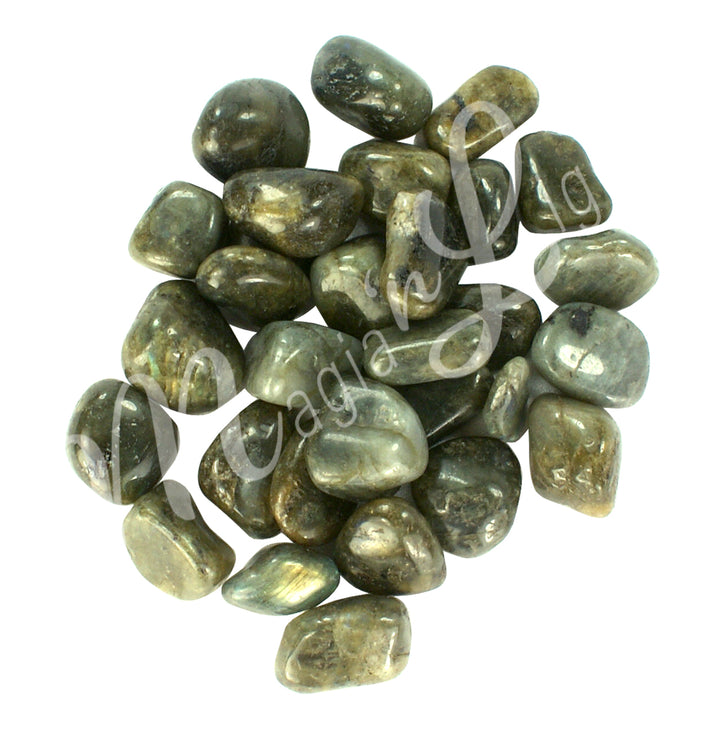Collection of polished tumbled stones in shades of green, brown, and blue, arranged together in a circular pile.