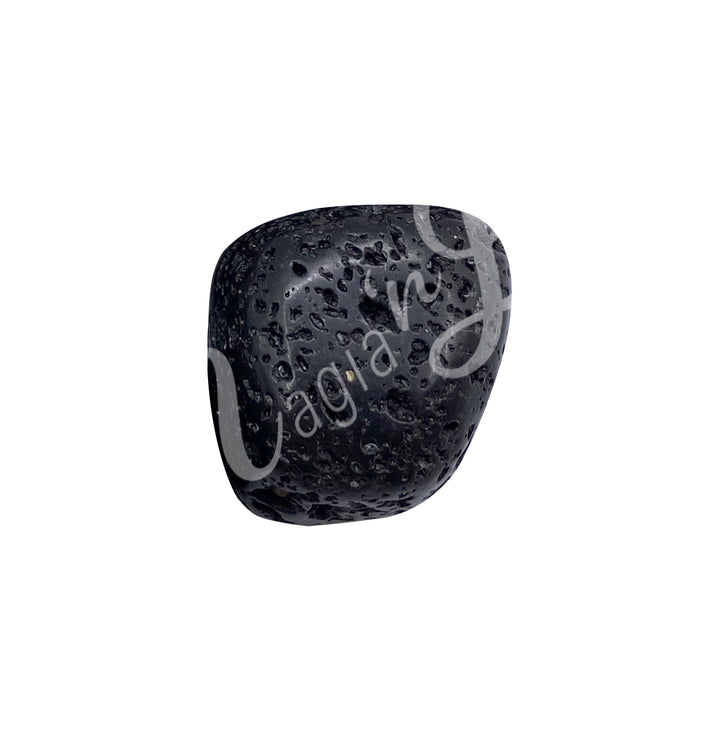 Polished tumbled stone with shades of black, showing natural patterns and a glossy surface.