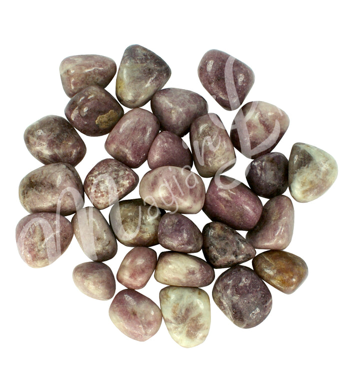 Collection of polished tumbled stones in shades of purple, brown, and cream, arranged together in a circular pile.