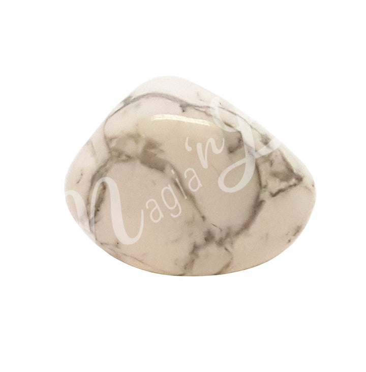 Polished tumbled stone with bands of gray, and shades of white, showing natural patterns and a glossy surface.