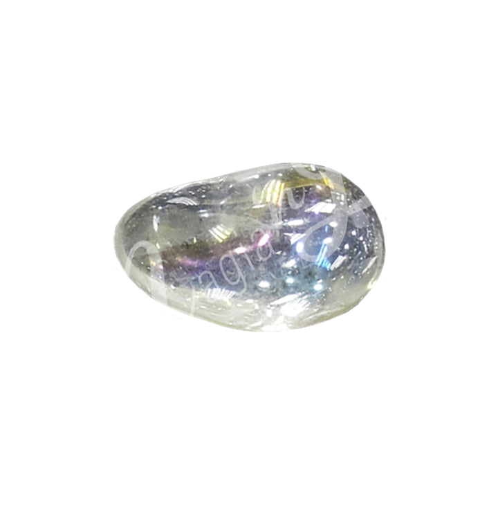 Polished transparent tumbled stone with blue reflections, showing natural patterns and a glossy surface.
