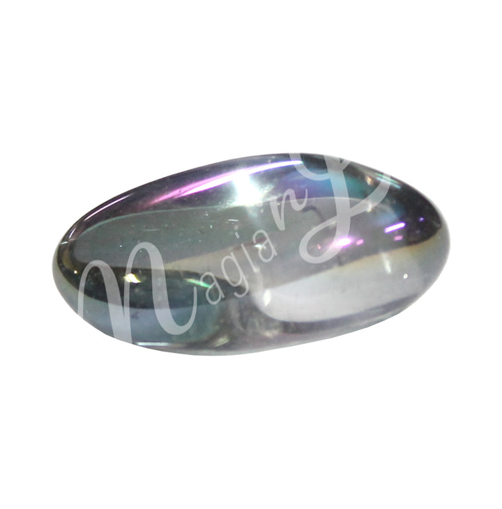 Polished tumbled stone with gray shade, showing natural patterns and a glossy surface.