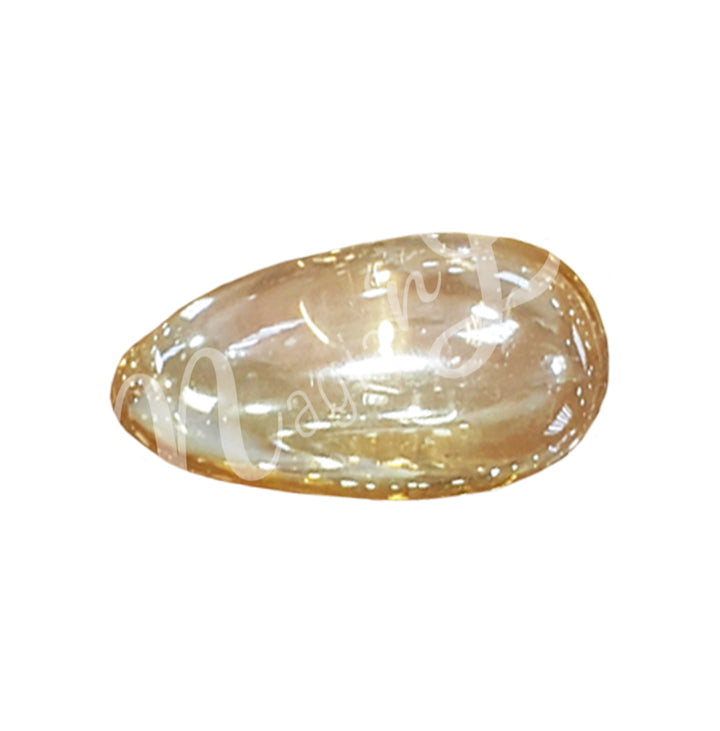 A polished tumbled stone in transparent and yellow shades.