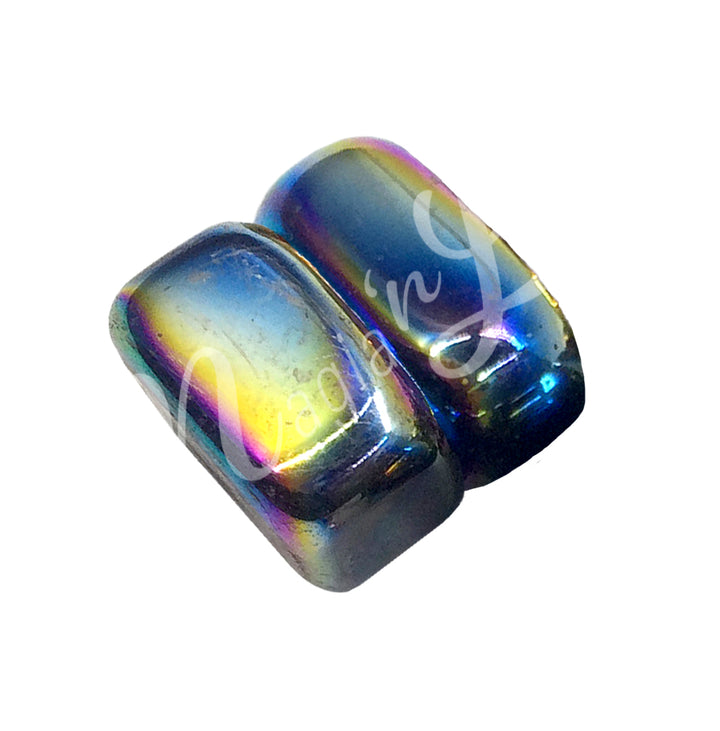 Polished tumbled stone with shades of black, showing natural patterns and a glossy rainbow surface.