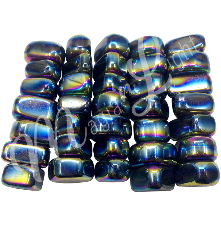 A collection of polished, tumbled stones in deep black hues, each displaying a glossy, rainbow-like sheen, arranged side by side in a pile.