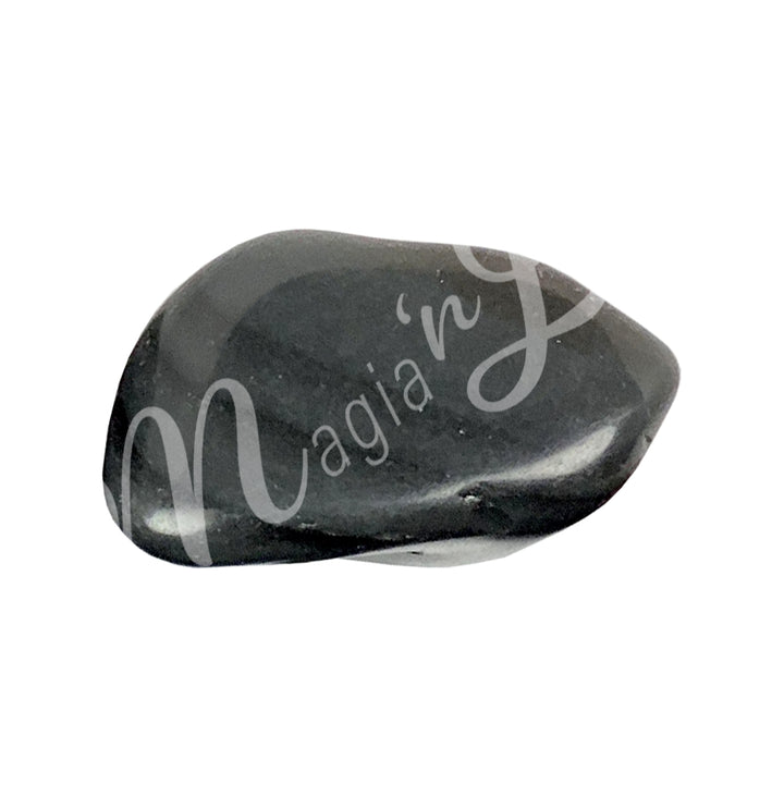 Polished tumbled stone with shades of dark gray, showing natural patterns and a glossy surface.