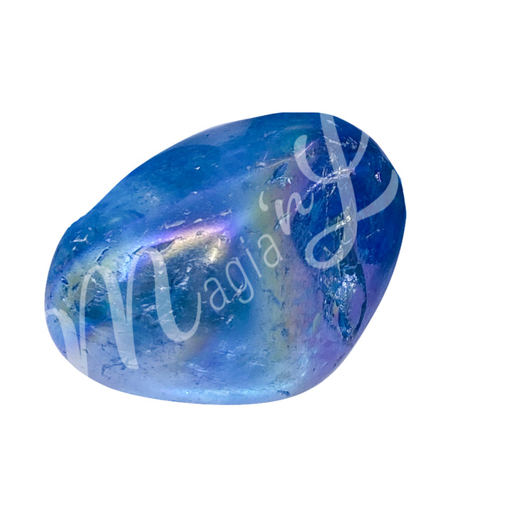 Polished tumbled stone with shades of blue, showing natural patterns and a glossy surface.