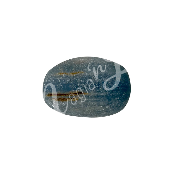 Polished tumbled stone with bands of brown, and shades of blue, showing natural patterns and a glossy surface.