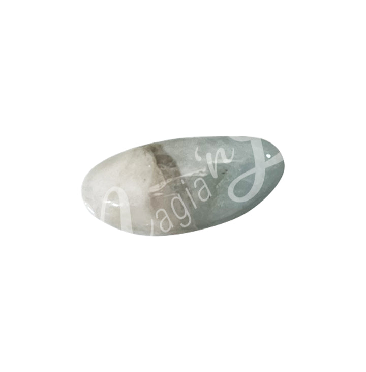 Polished tumbled stone with bands of white, cream, and shades of blue-brown, showing natural patterns and a glossy surface.