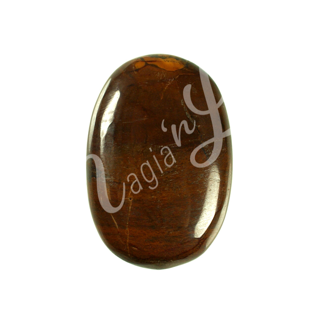 Close-up of a polished oval palm stone made of Desert Sunset Jasper.