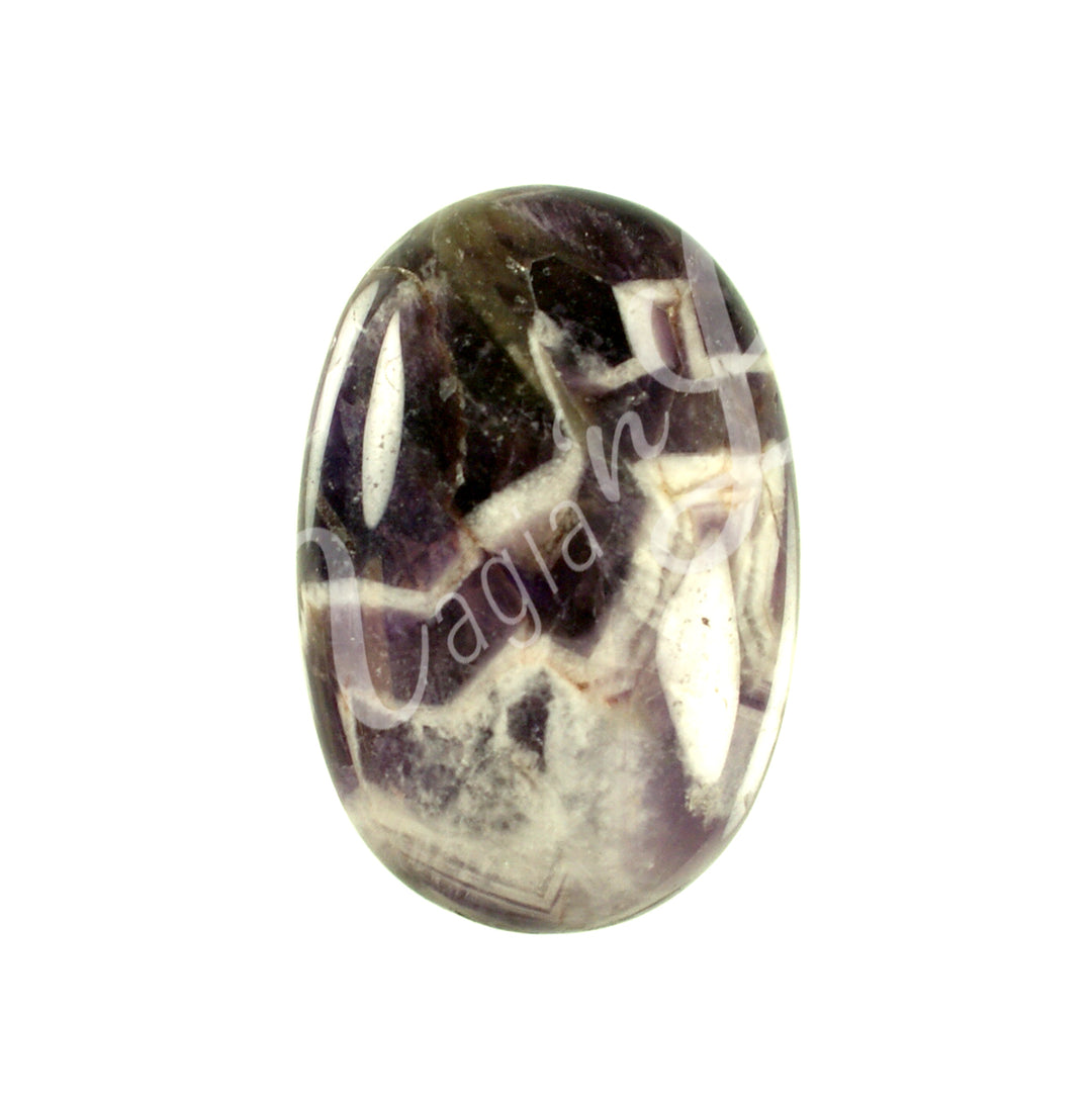 Close-up of a polished oval palm stone made of Chevron Amethyst.