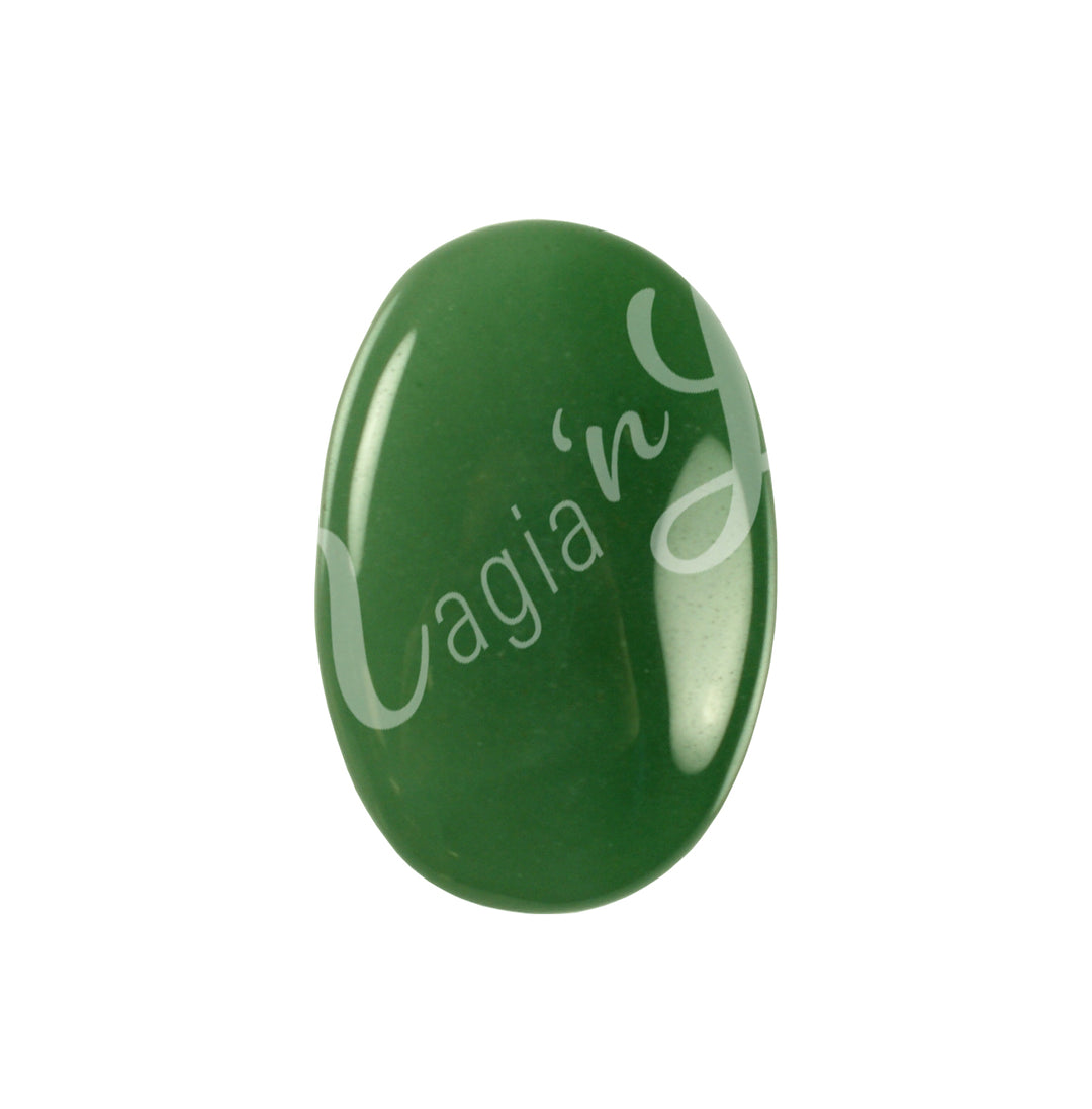 Close-up of a polished oval palm stone made of Green Aventurine.