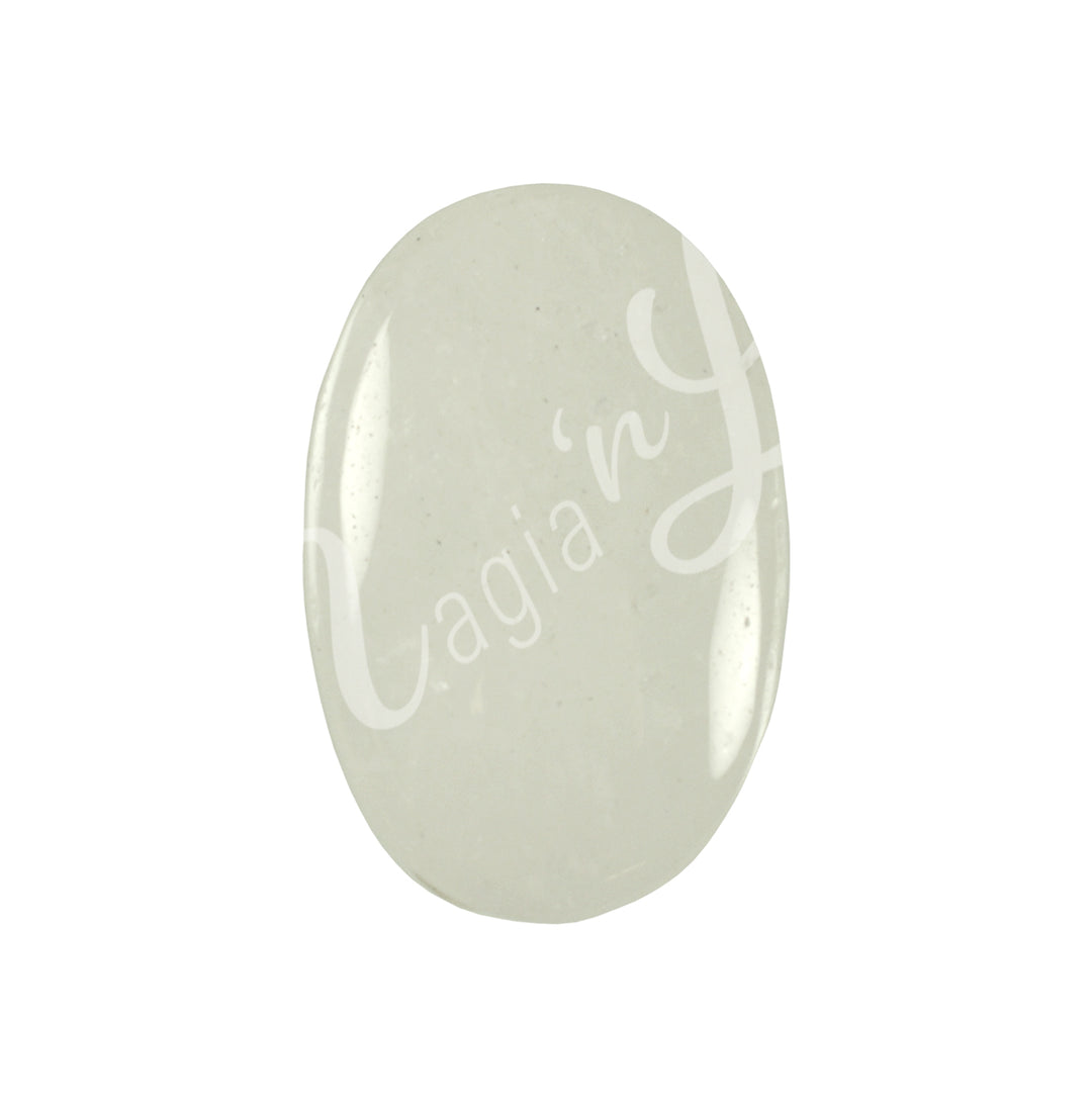 Close-up of a polished oval palm stone made of Crystal Quartz.