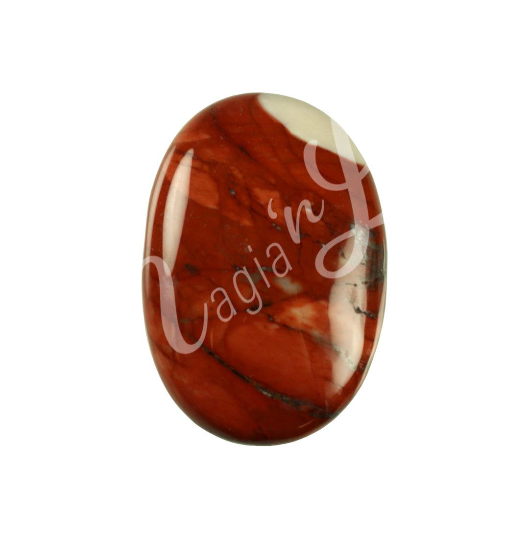 Close-up of a polished oval palm stone made of Mookaite.