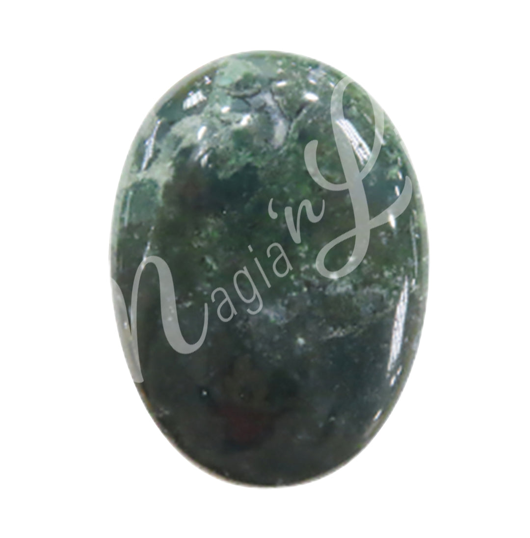 Close-up of a polished oval palm stone made of Bloodstone.