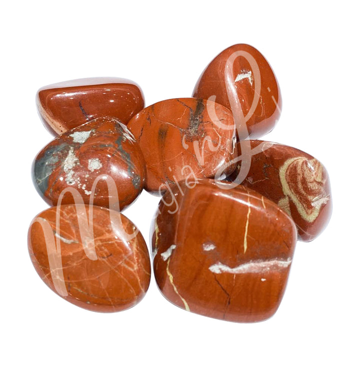 Set of seven polished pebbles made of 
Red Jasper in varying shades of red, orange, and some black specks, each displaying unique patterns, arranged in a circular layout.