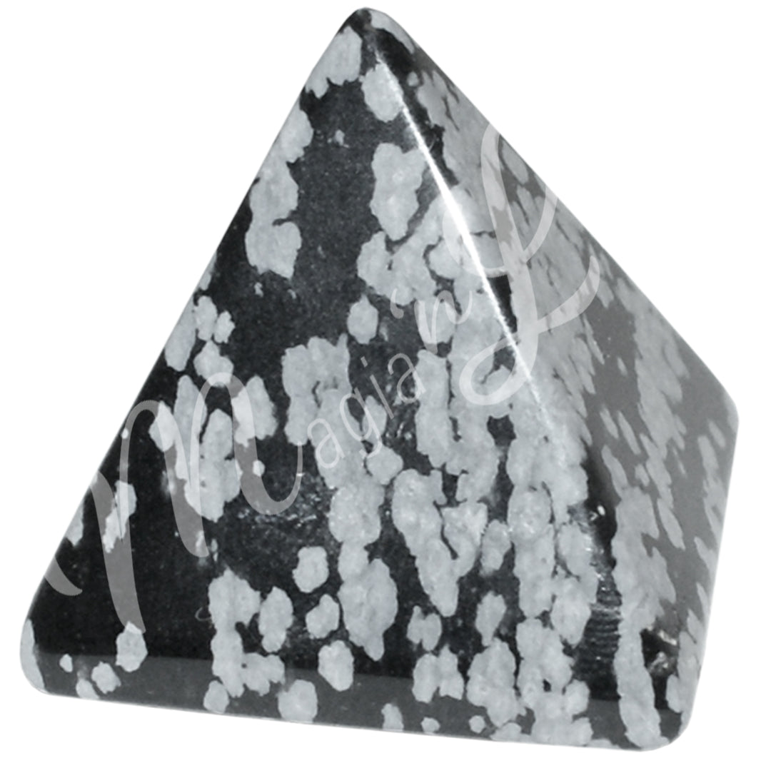 A four side pyramid made of Snowflake Obsidian.