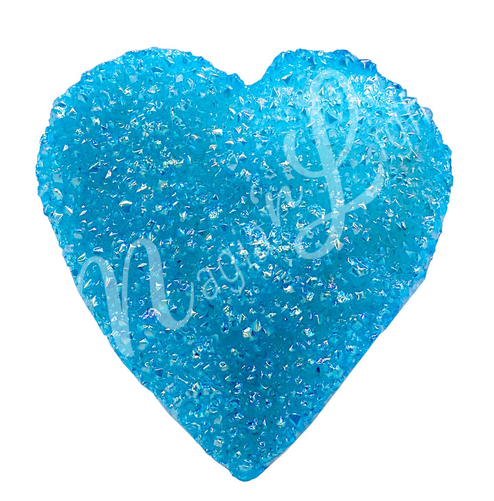 Heart-shaped aqua aura quartz with a sparkling druzy crystal center.
