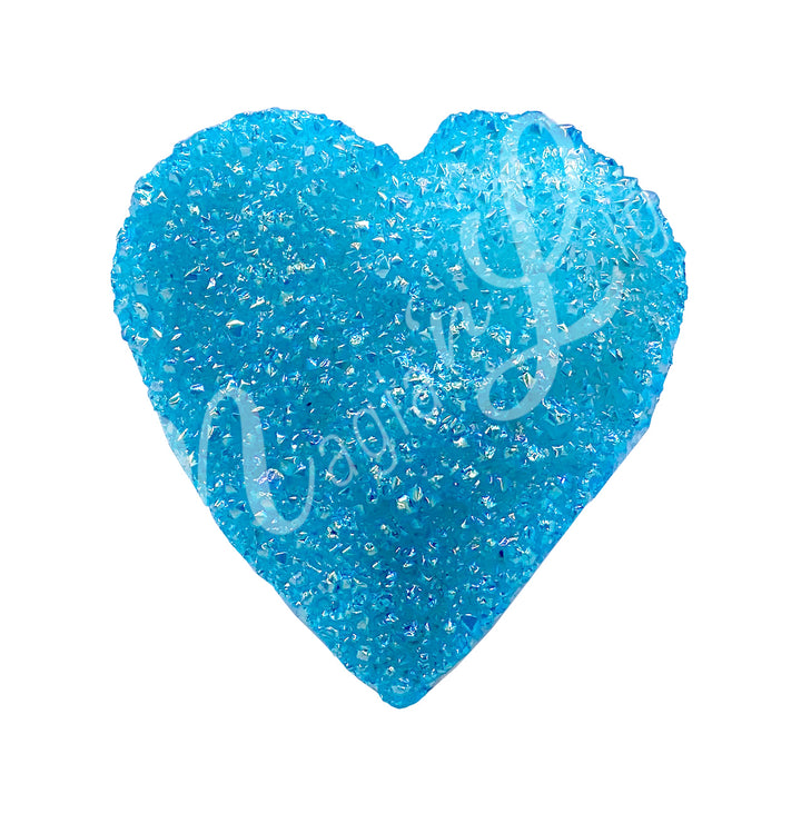 Heart-shaped aqua aura quartz with a sparkling druzy crystal center.