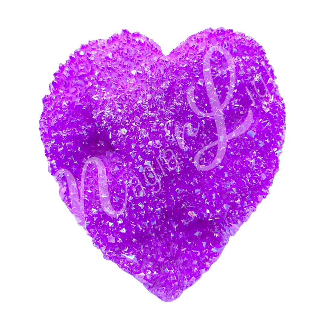 Heart-shaped crystal purple aura quartz with a sparkling druzy crystal center.