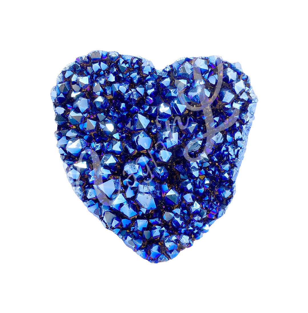 Heart-shaped dark blue aura quartz AB with a sparkling druzy crystal center.