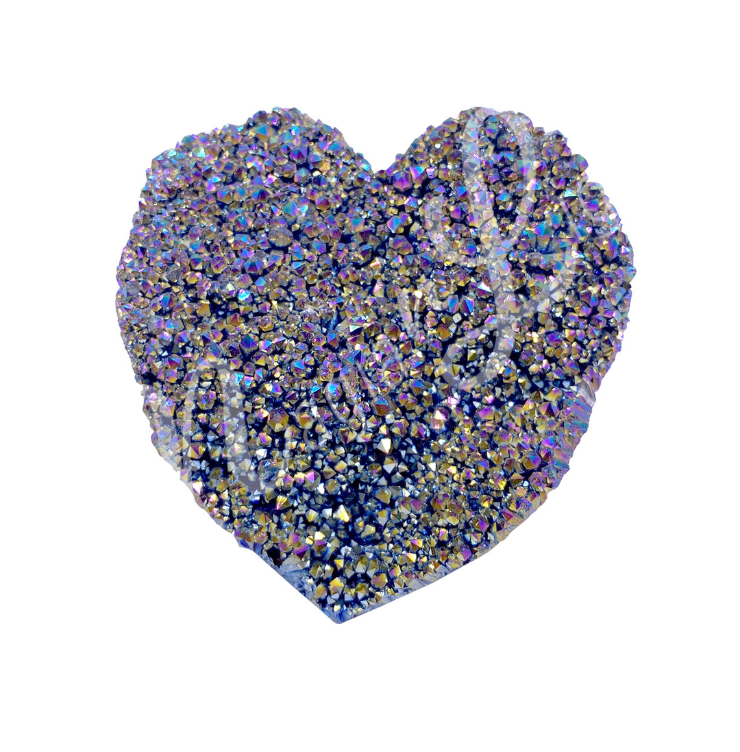 Heart-shaped black rainbow aura quartz with a sparkling druzy crystal center.