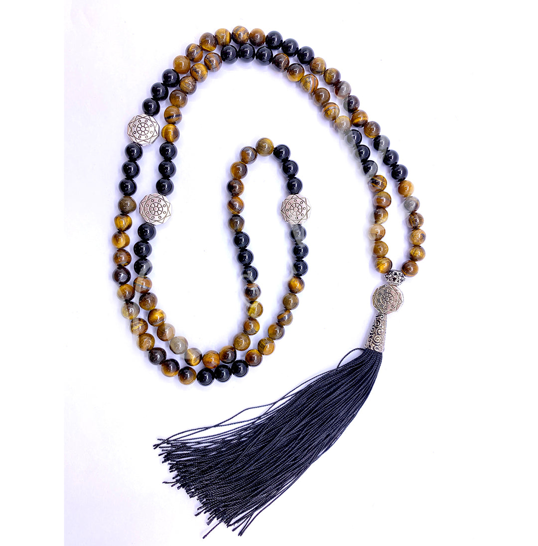 Japamala Tiger Eye & Black Onyx with Buddhist Wheel Beads 33-37″L