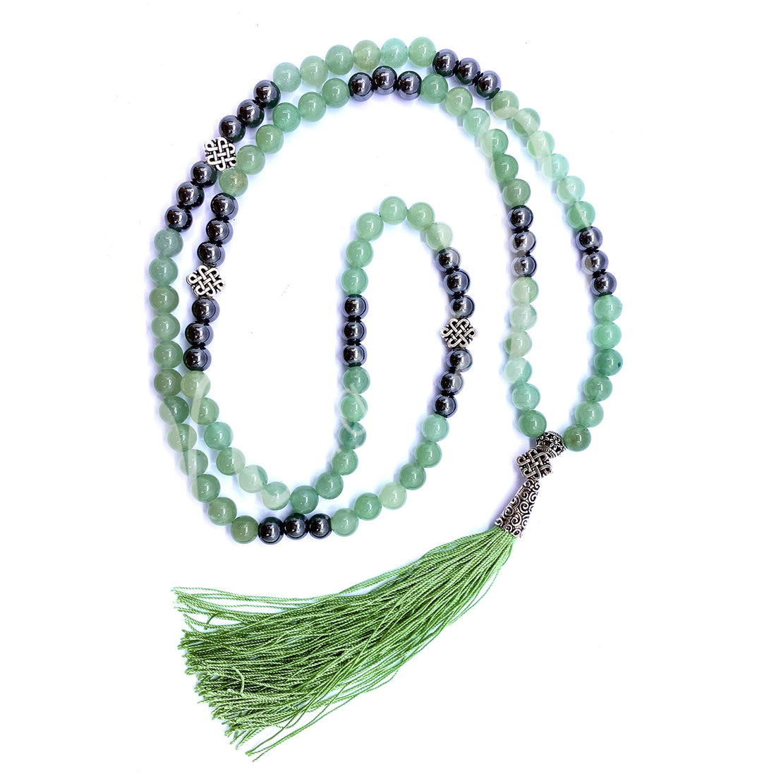 Japamala Green Aventurine & Hematite with Celtic Knot Beads 33-37"L