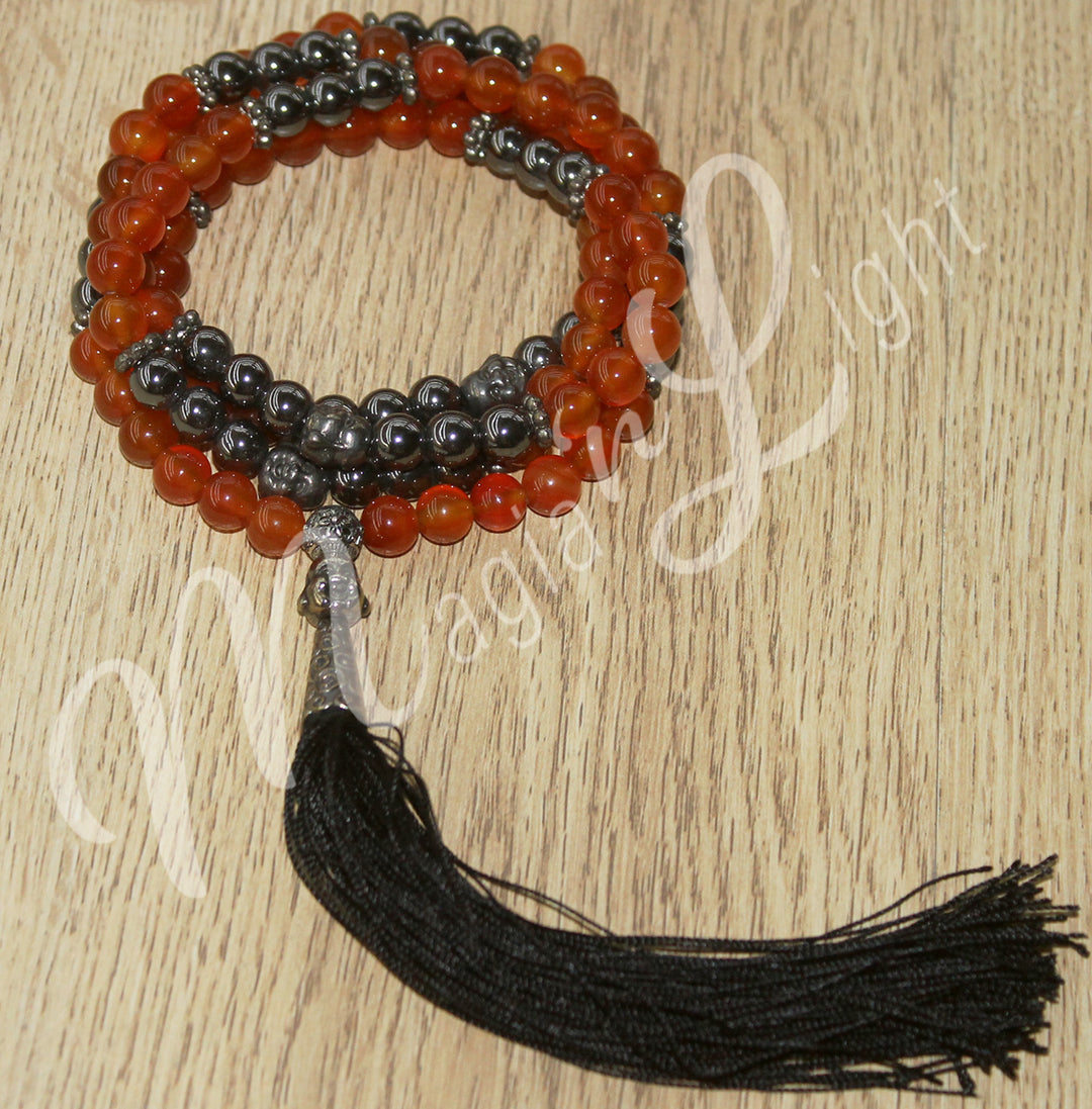 Japamala Carnelian & Hematite with Happy Buddha Charm 22-23″L