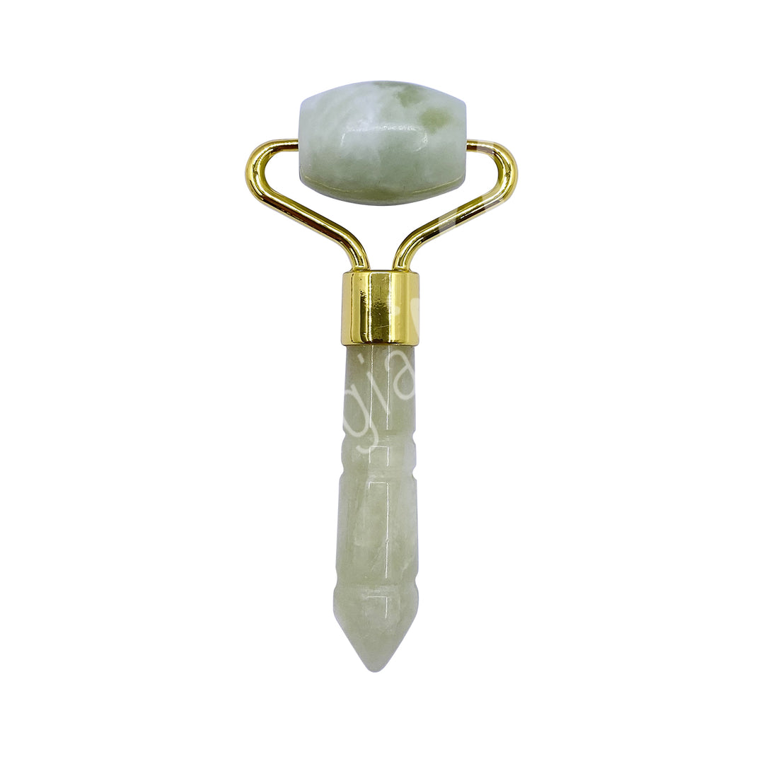 Jade facial roller with a gold frame and a pointed handle for targeted facial massage.