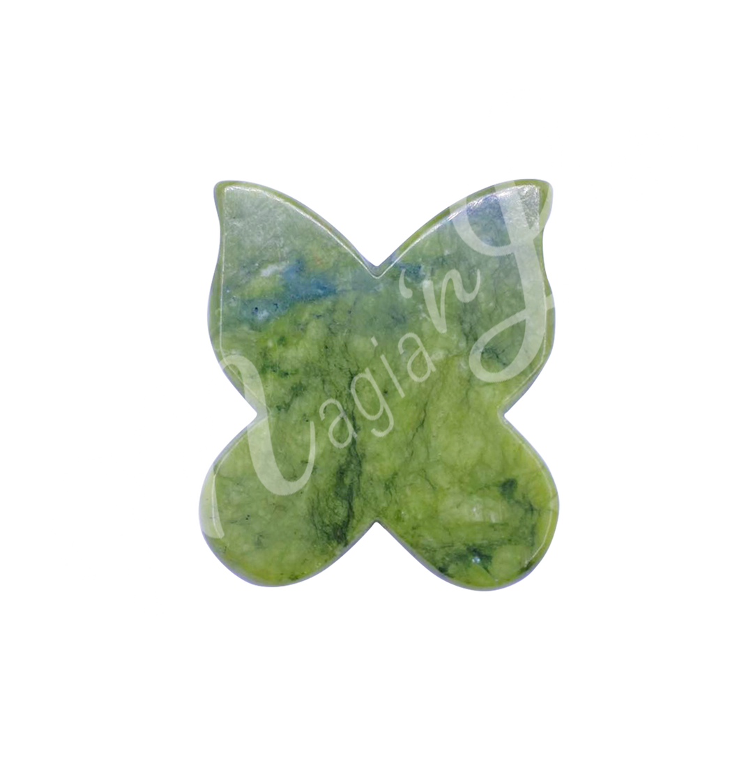 Butterfly-shaped gua sha stone in jade, designed for facial massage and lymphatic drainage.