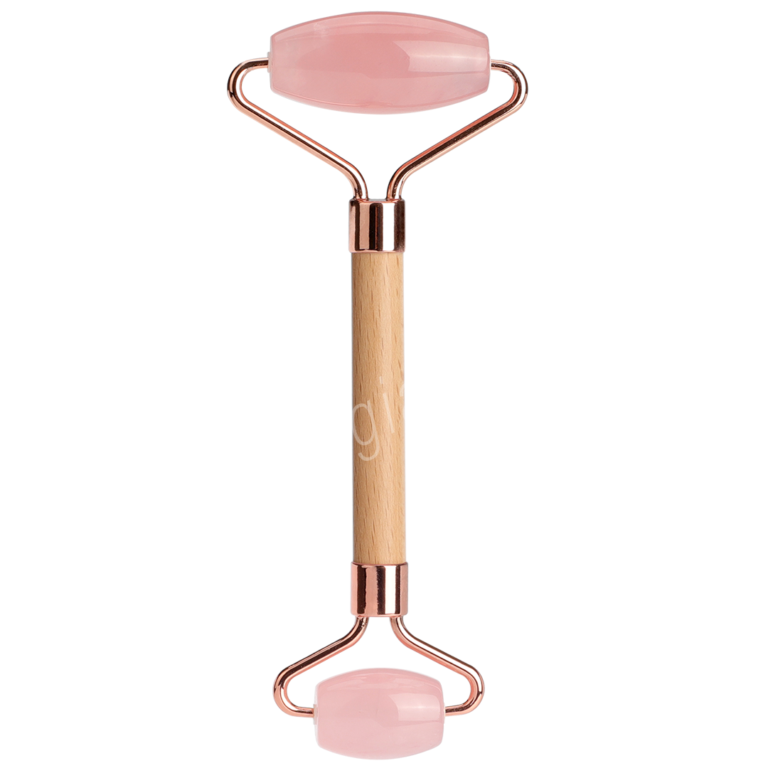 Rose quartz facial roller with a wood and rose-gold frame, featuring two rollers on each end for facial massage and skincare.