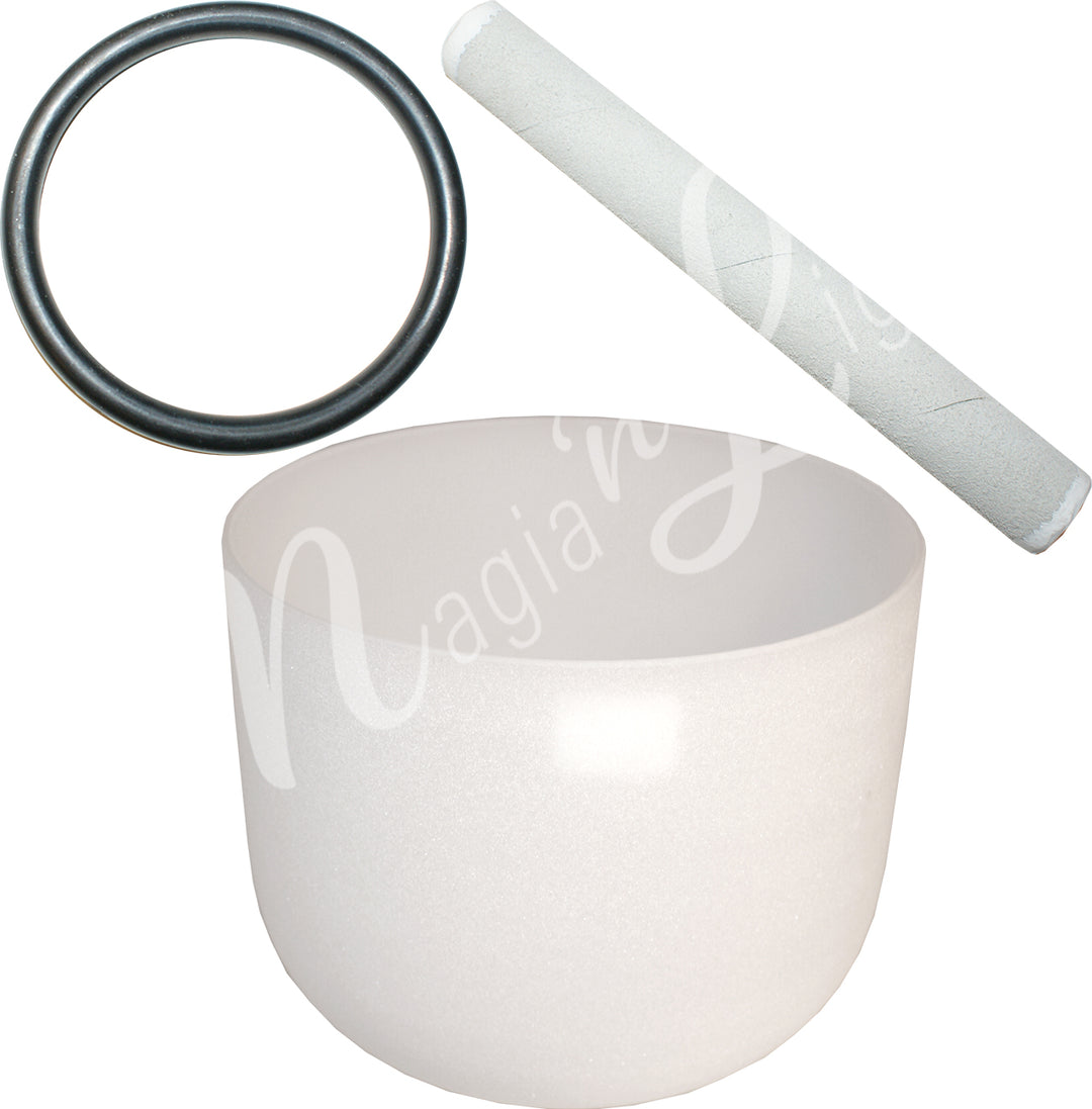 A white frosted crystal singing bowl with a white mallet and a black rubber ring.